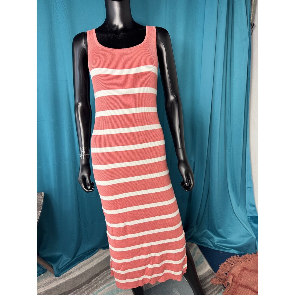 Time‎ and Tru Coral Pink White Striped Ribbed Knit Maxi Dress Sleeveless Small 6